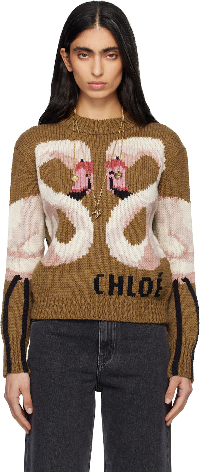 Chloé: Brown Crew-Neck Logo Wool Knit Sweater | SSENSE