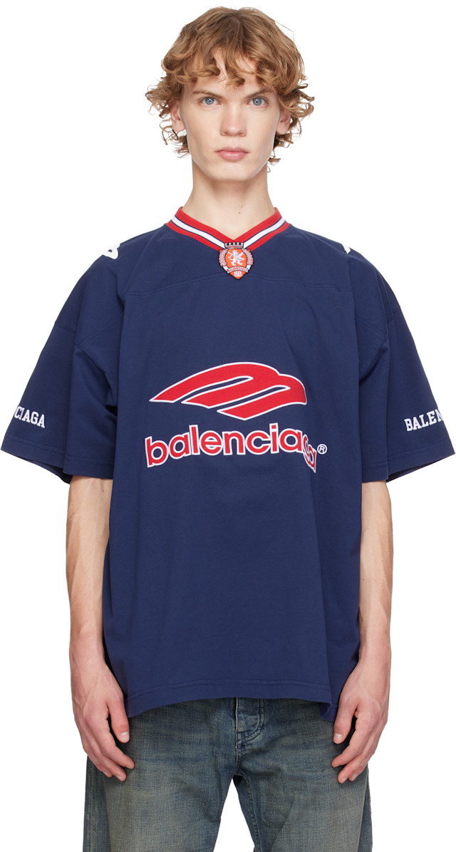 Balenciaga: ネイビー 3B Football Vネック オーバーサイズ Tシャツ