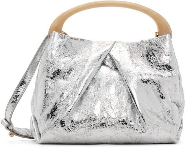 Dries Van Noten: Silver Small Pleated Leather Bag | SSENSE