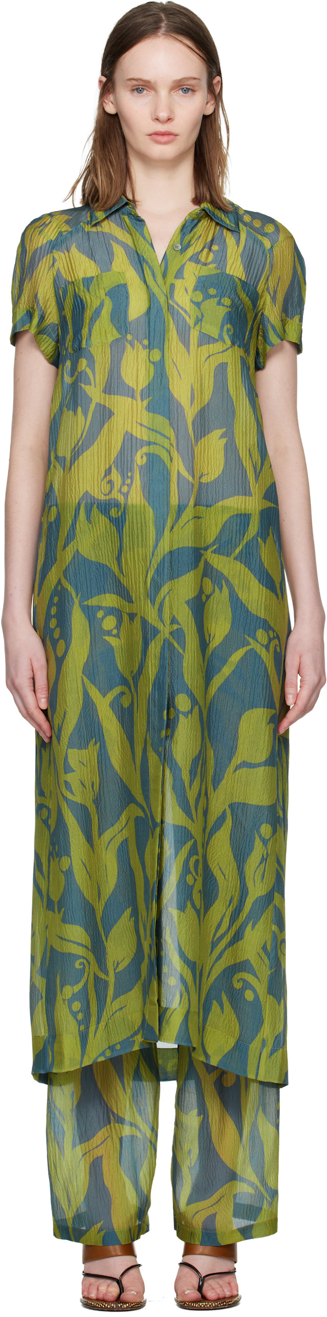 ワンピース DRIES VAN NOTEN Dries Van Noten: グリーン＆ブルー ロング シャツ マキシワンピース