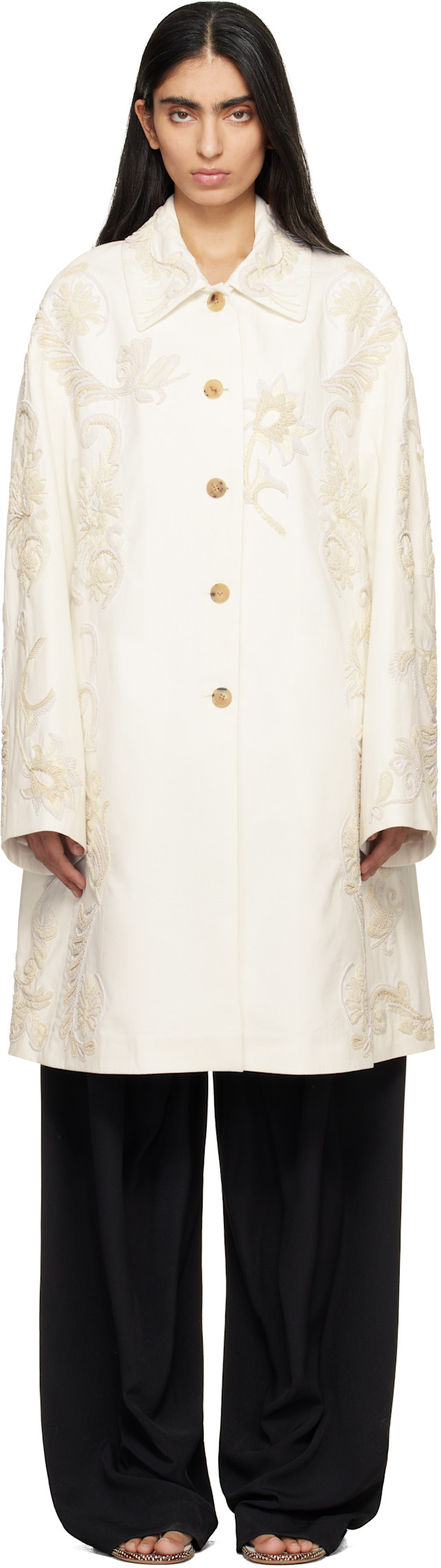 Dries Van Noten: Off-White Embroidered A-Line Coat | SSENSE