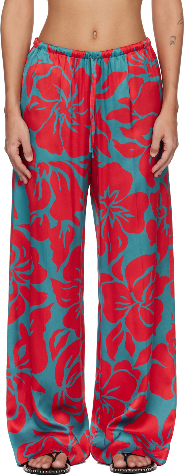 DRIES VAN NOTENフレアパンツ リネン100% レッド 29 L相当 Dries Van Noten: Red & Blue Elasticated Trousers | SSENSE