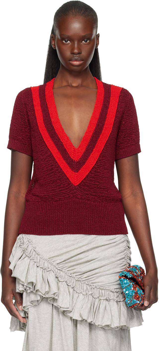 Dries Van Noten: Burgundy V-Neck Knit Sweater | SSENSE Taiwan