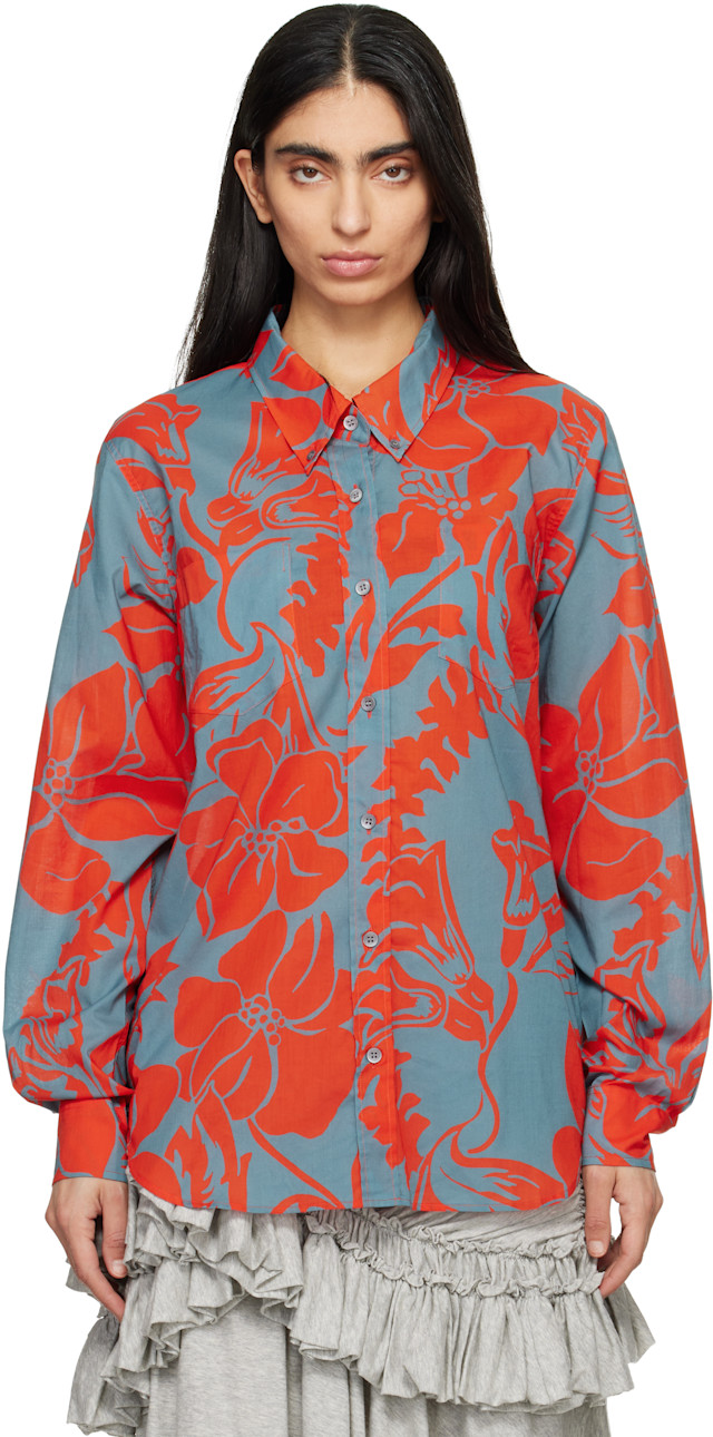DRIES VAN NOTEN ブラウス Dries Van Noten: Gray & Orange Voile Floral Print Shirt | SSENSE