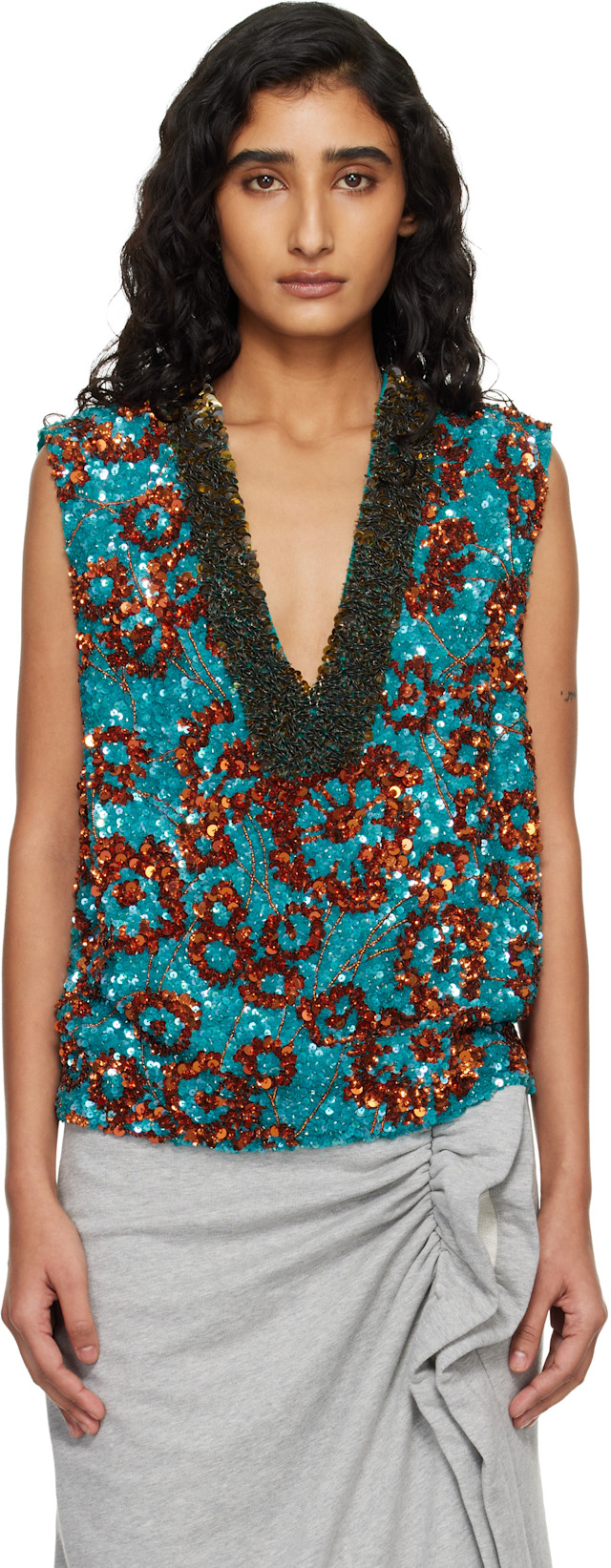 Dries Van Noten: Blue & Orange Sequinned Top | SSENSE