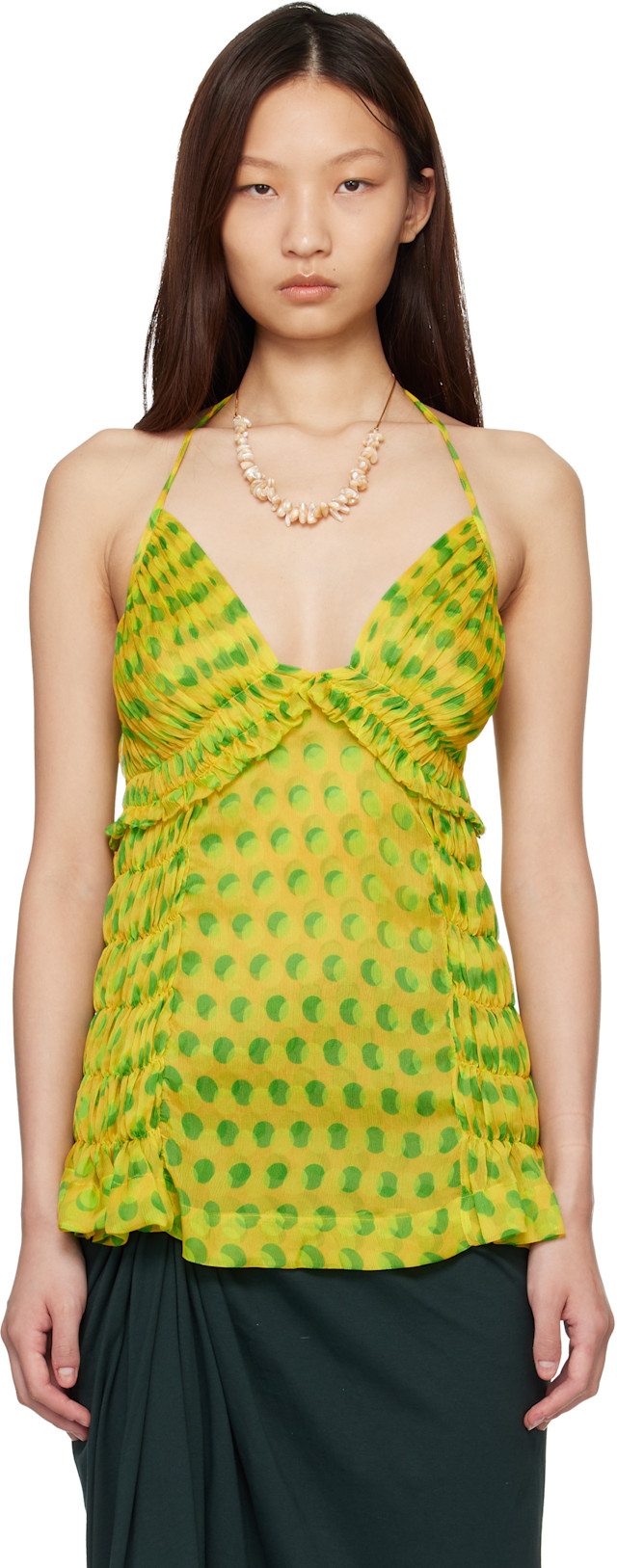 Dries Van Noten: Yellow & Green Optical Polka Dot Silk Halter Top