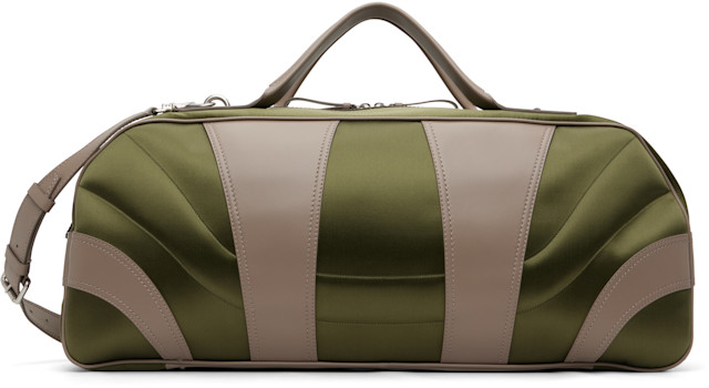 Dries Van Noten: Green & Taupe Satin Weekend Bag | SSENSE