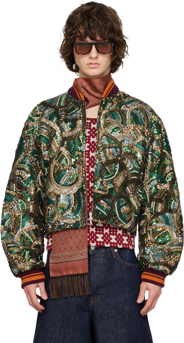 Dries Van Noten: グリーン エンブロイダリー ボンバージャケット