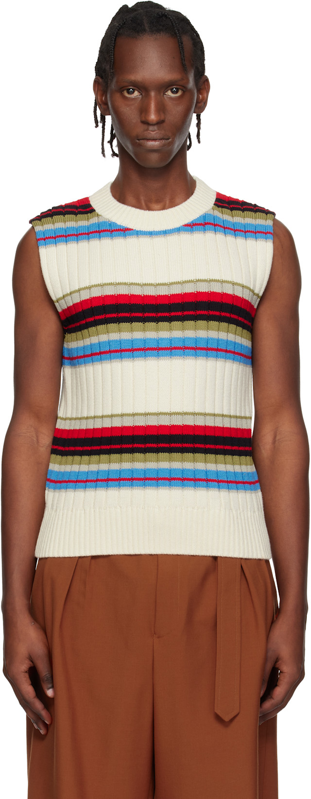 トップス DRIES VAN NOTEN Striped Knit Vest Dries Van Noten: Off-White Striped Sleeveless Sweater | SSENSE