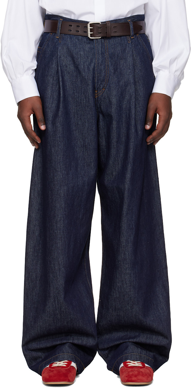 Dries Van Noten: Navy Pleated Jeans | SSENSE