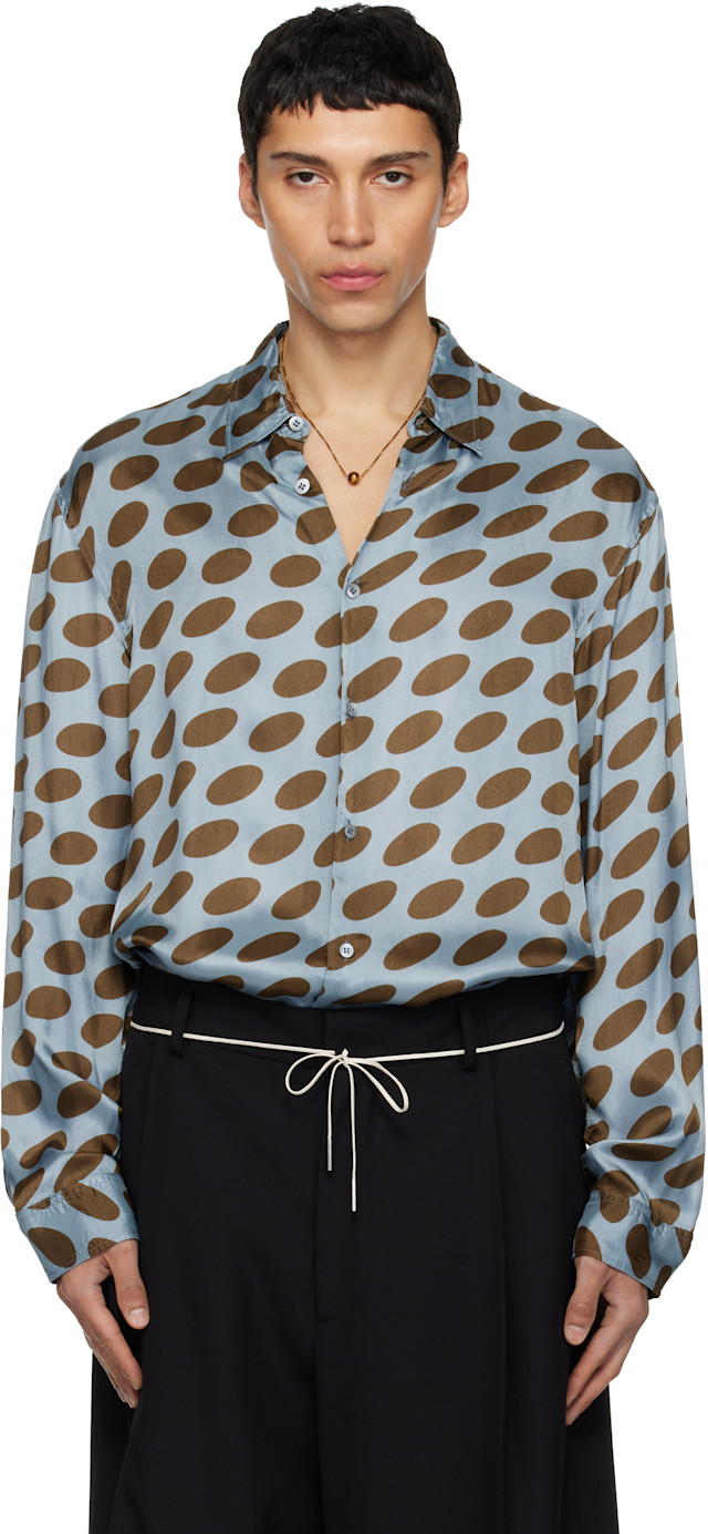 Dries Van Noten: Blue & Brown Polka-Dot Satin Shirt | SSENSE