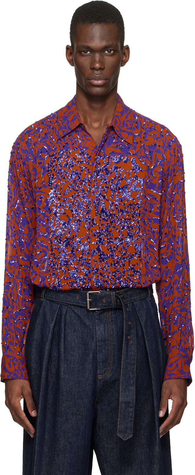 トップス Dries Van Noten Orenge Stripe BD Shirt Dries Van Noten: Orange & Purple Floral Shirt | SSENSE