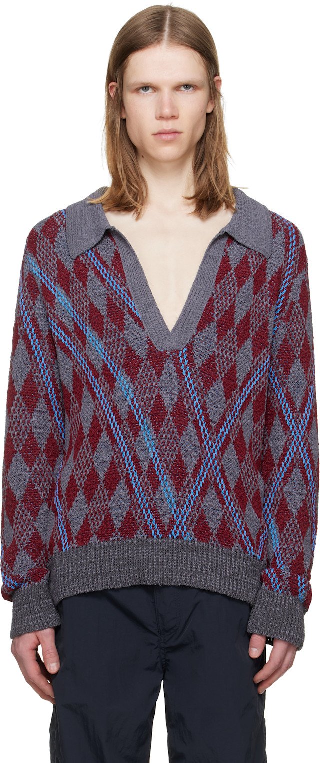 Dries Van Noten: バーガンディ＆グレー Argyle ニットポロシャツ