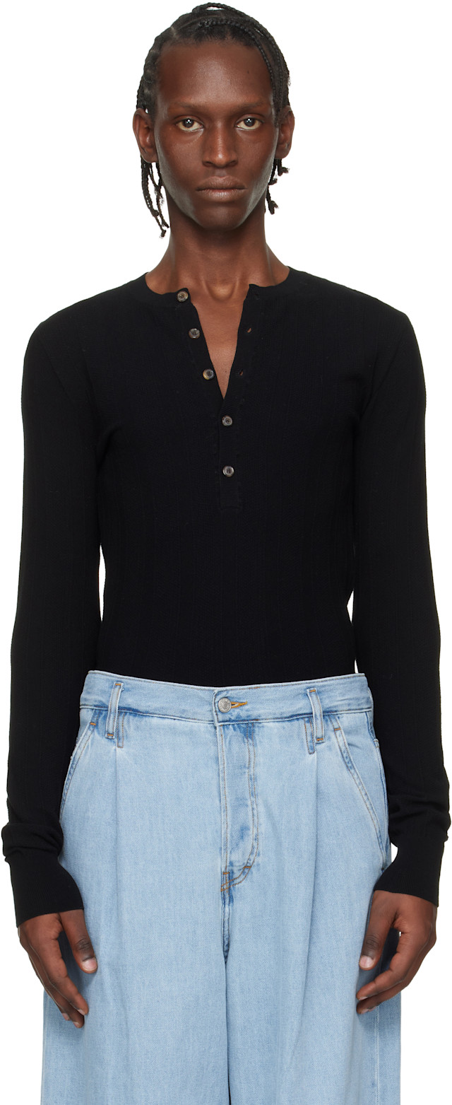 Dries Van Noten シルク100 ベスト 38 ブラック Vネック Dries Van Noten: ブラック リブ ヘンリーネック トップス | SSENSE 日本