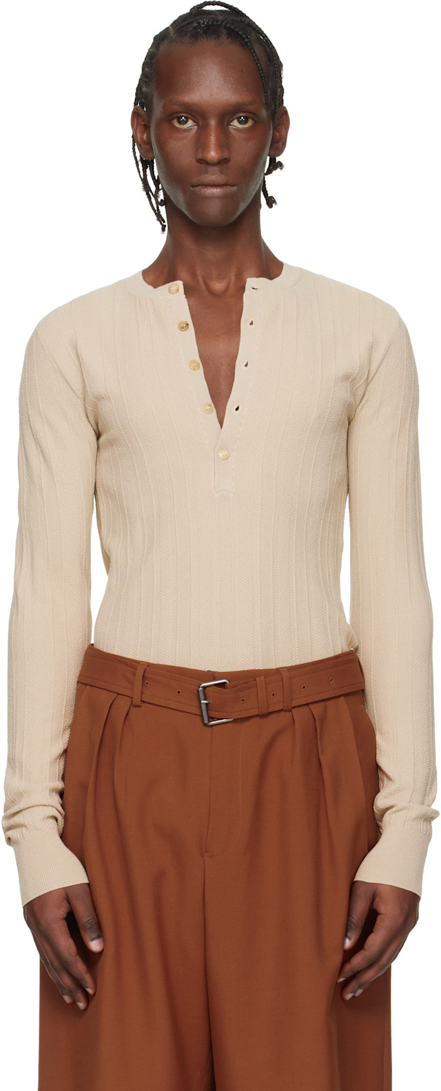 Dries Van Noten: Beige Rib-Knit Henley | SSENSE