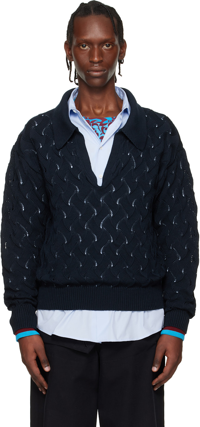 Dries Van Noten: ネイビー Lace Stitch Polo セーター | SSENSE 日本