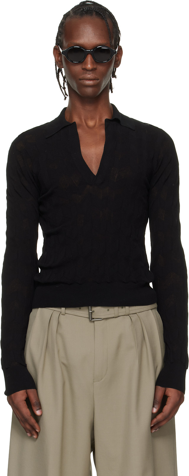 美品　ドリスヴァンノッテン　透かし編みニットポロシャツ　ブラック　M位 dries-van-noten-black-knit-