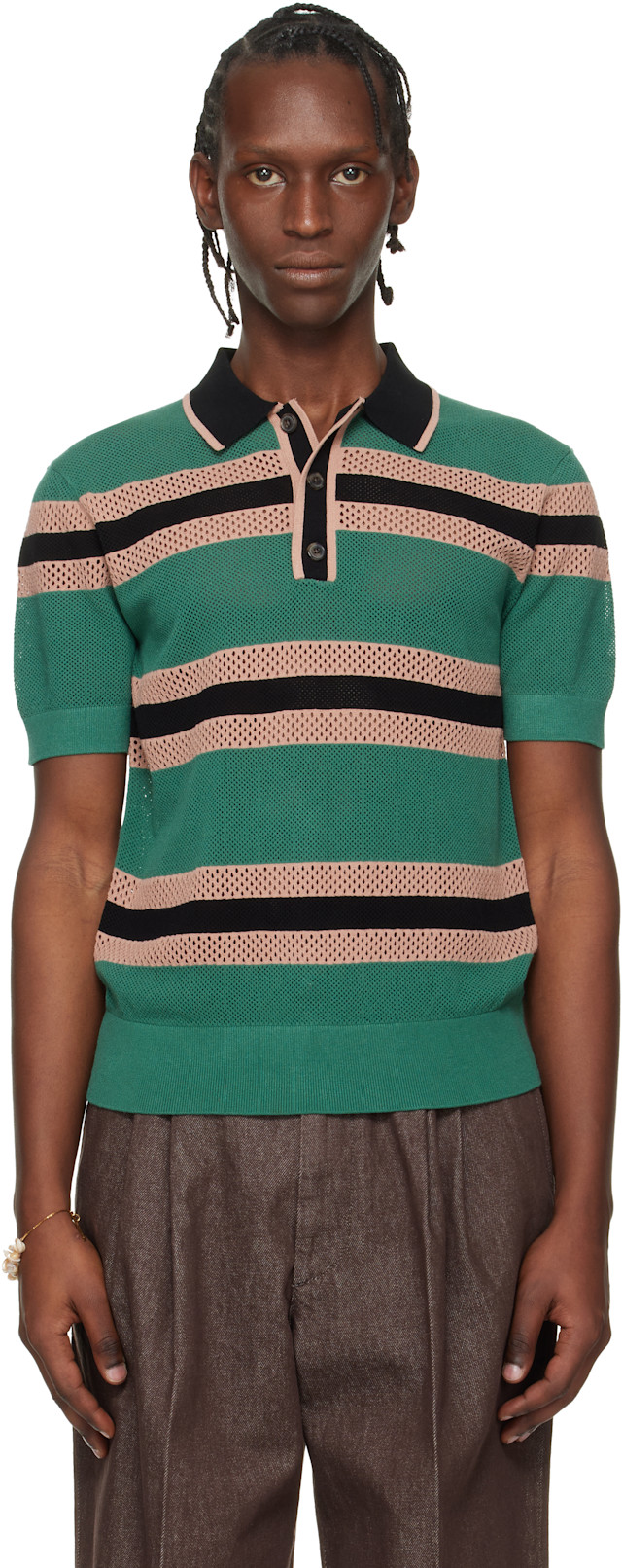 Dries Van Noten: Green & Pink Striped Polo | SSENSE