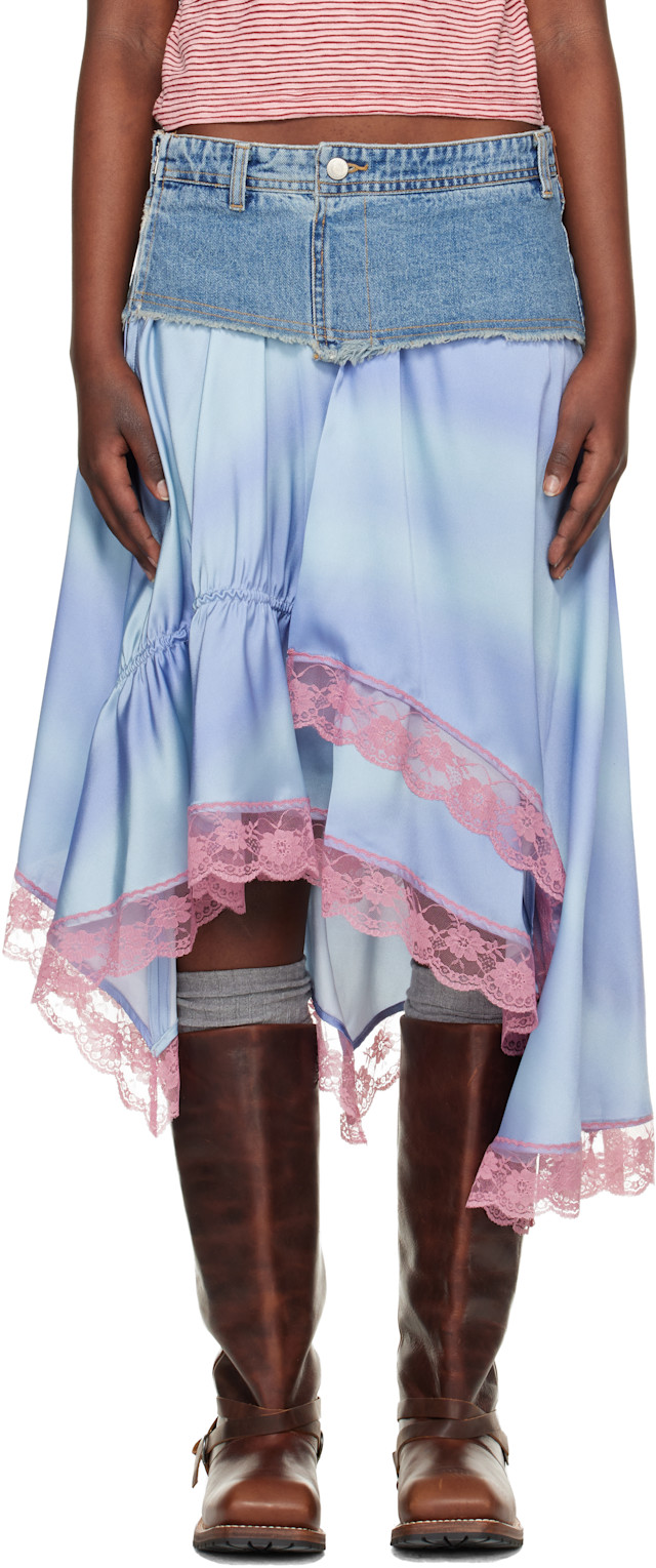 Andersson Bell: ブルー Denim Combination Lace Hem ミディアム