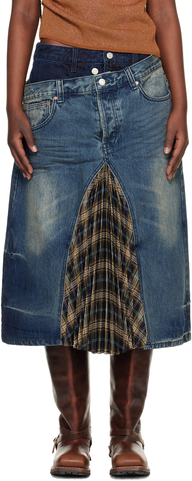 Andersson Bell: Blue & Khaki Pleats Combo Flipped Denim Midi Skirt
