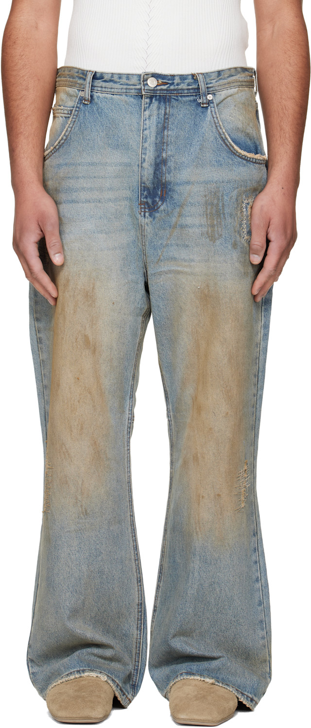 Andersson Bell: Blue Destroyed Wide-Leg Jeans | SSENSE Canada