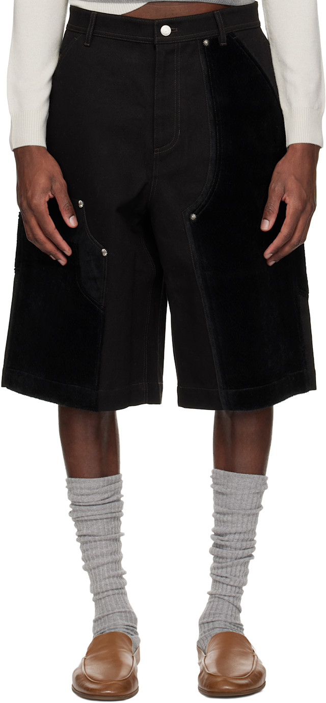 Andersson Bell: Black Faux Pony Patchwork Carpenter Shorts