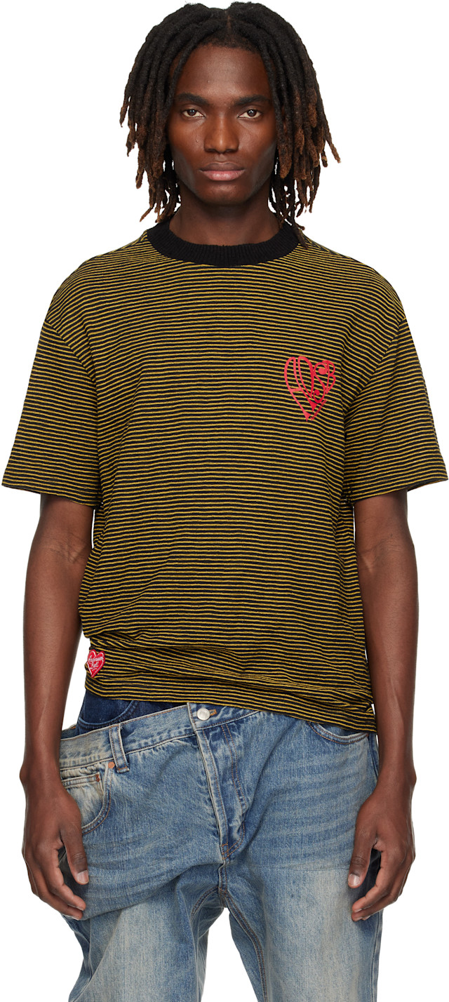 Andersson Bell: Black & Yellow Essential Heart Logo Stripe T-shirt