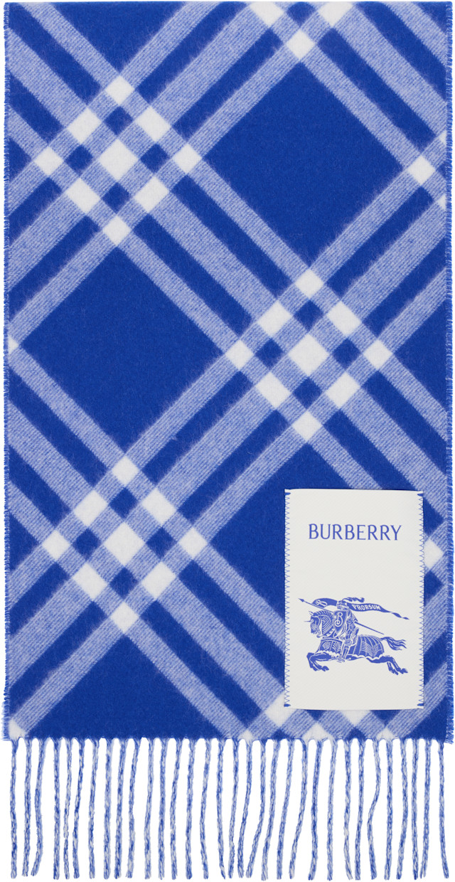 Burberry: ブルー＆ホワイト チェック カシミヤ マフラー | SSENSE 日本