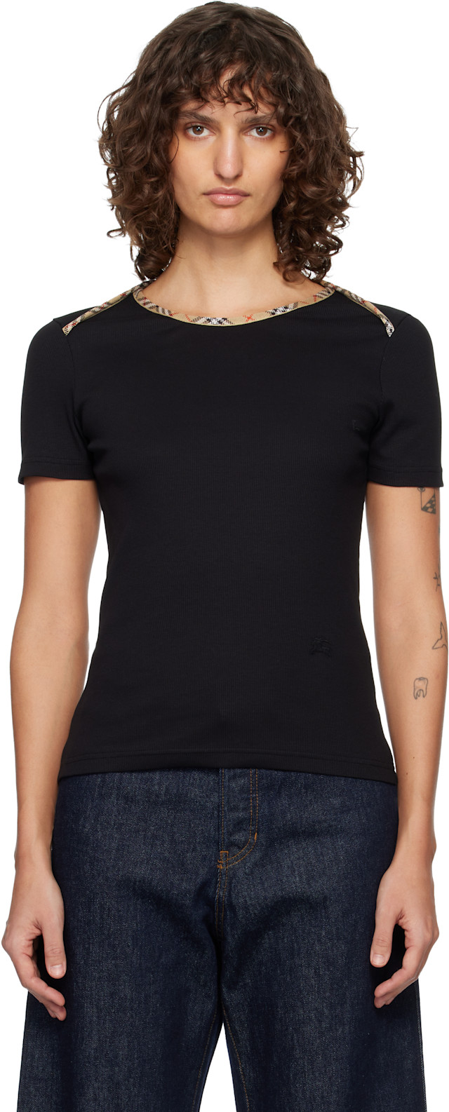 Burberry: Black Check Trim Stretch Cotton T-shirt | SSENSE