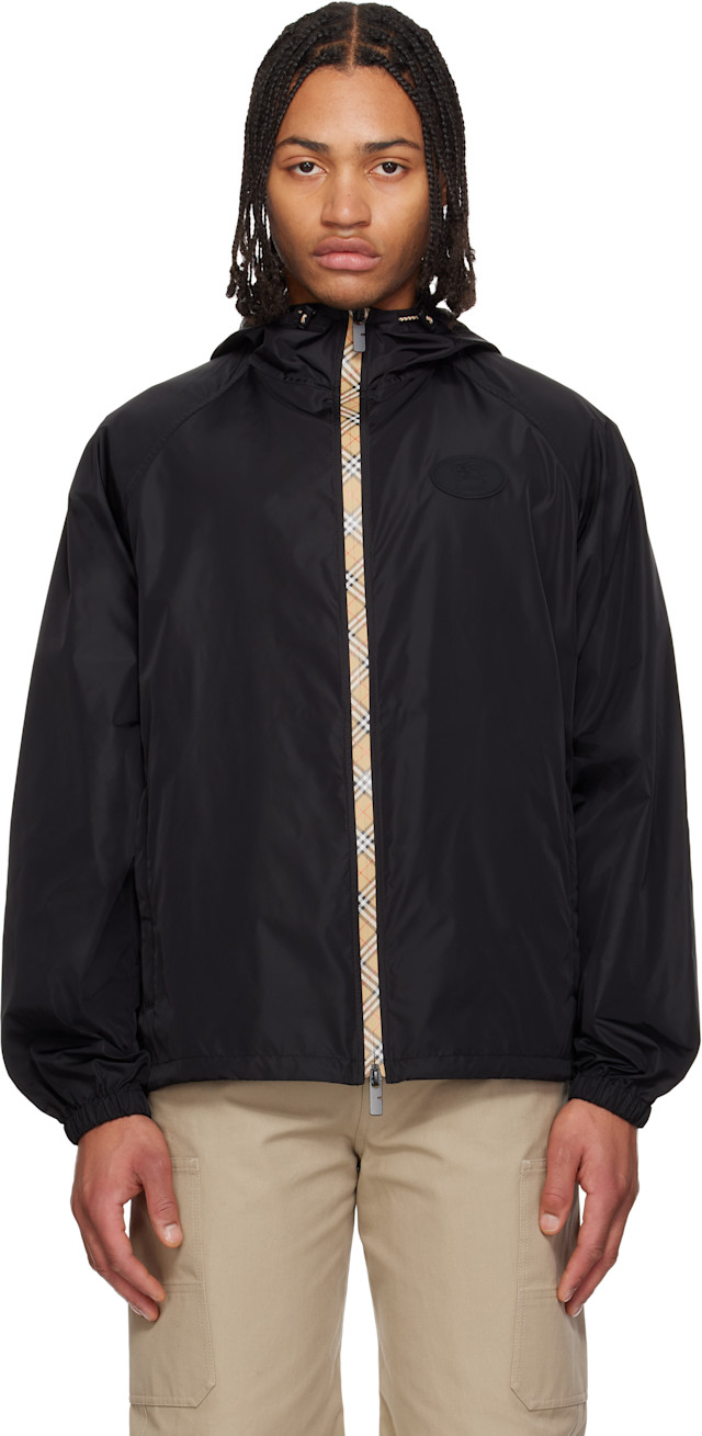 Burberry: Black Checker-Tape Nylon Hooded Jacket | SSENSE