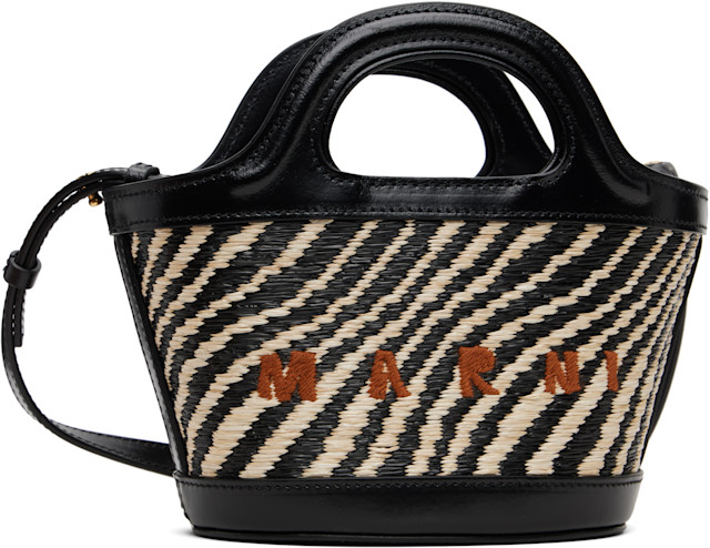MARNI かごバッグ ブラック　TROPICALIA マイクロ Marni: Black & White Wavy Raffia-Effect Tropicalia Micro Tote | SSENSE