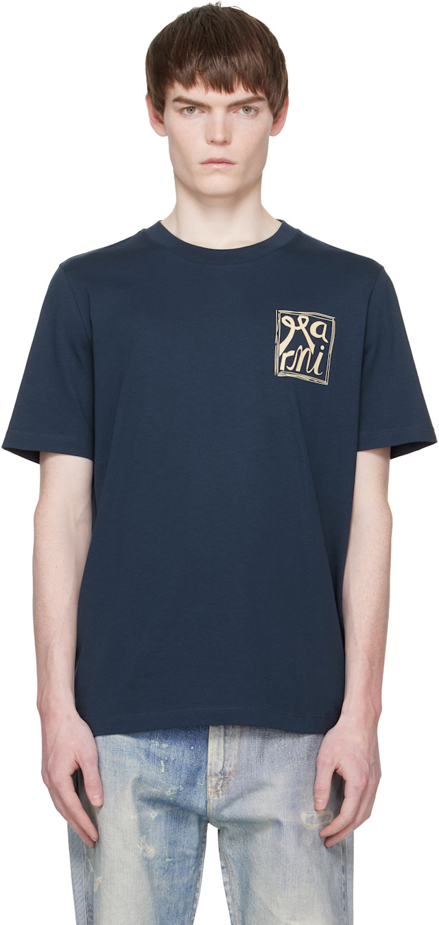 MARNI ネイビー ロゴ Tシャツ L Marni: ネイビー 'Marni Frame Logo Print' コットン Tシャツ | SSENSE