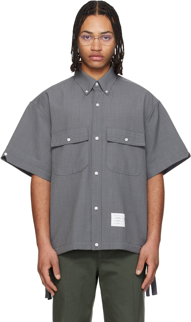 THOM BROWNE ダークグレー シャツ Thom Browne: Gray S/S Track Shirt Flap Pockets Wool Shirt | SSENSE