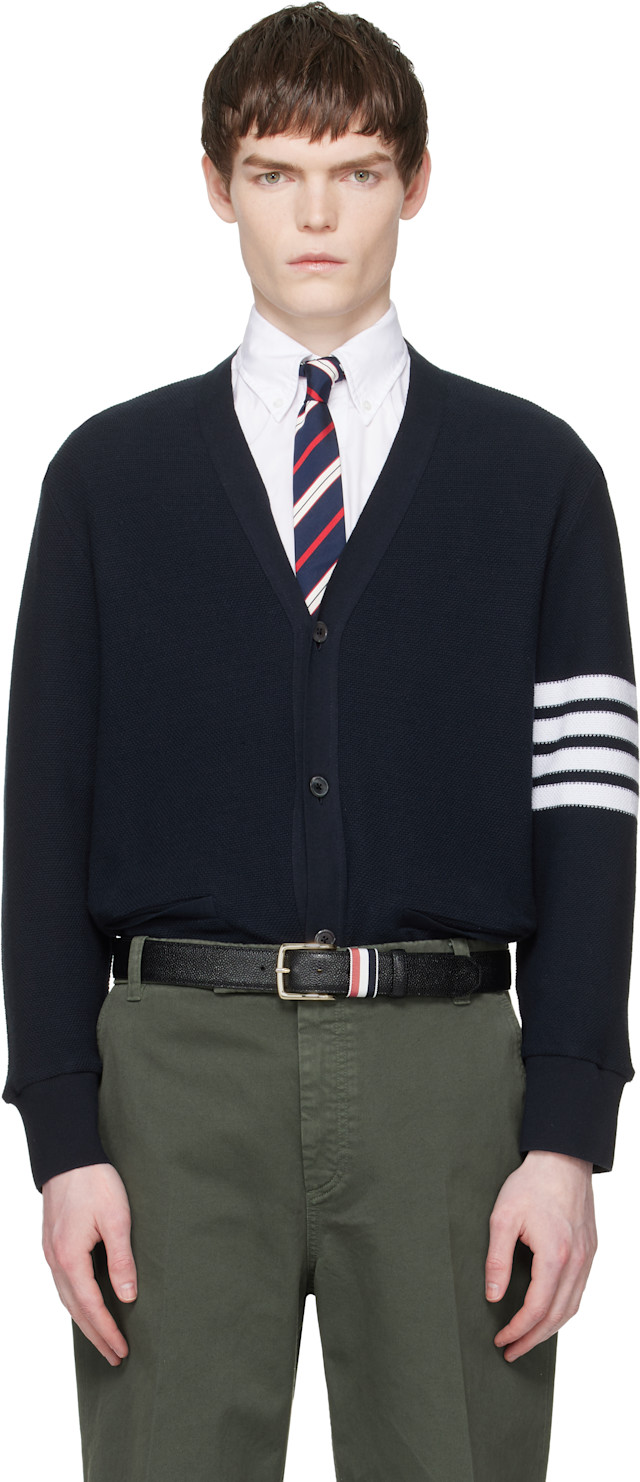 Thom Browne: ネイビー 4-Bar テクスチャード ピケ カーディガン 