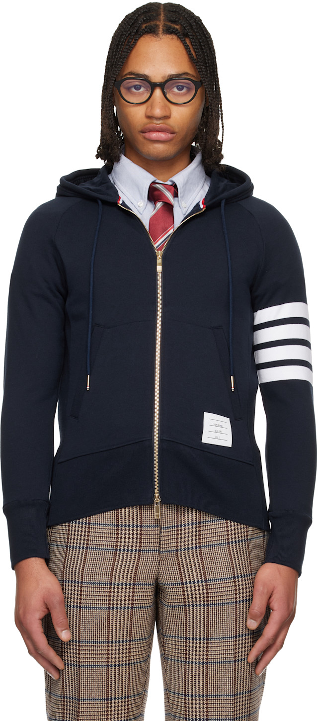 トムブラウン　4バー　パーカー　ネイビー　トリコロール　1 コットン　ジッパー Thom Browne: Navy Classic Loopback 4-Bar Full Zip Hoodie | SSENSE
