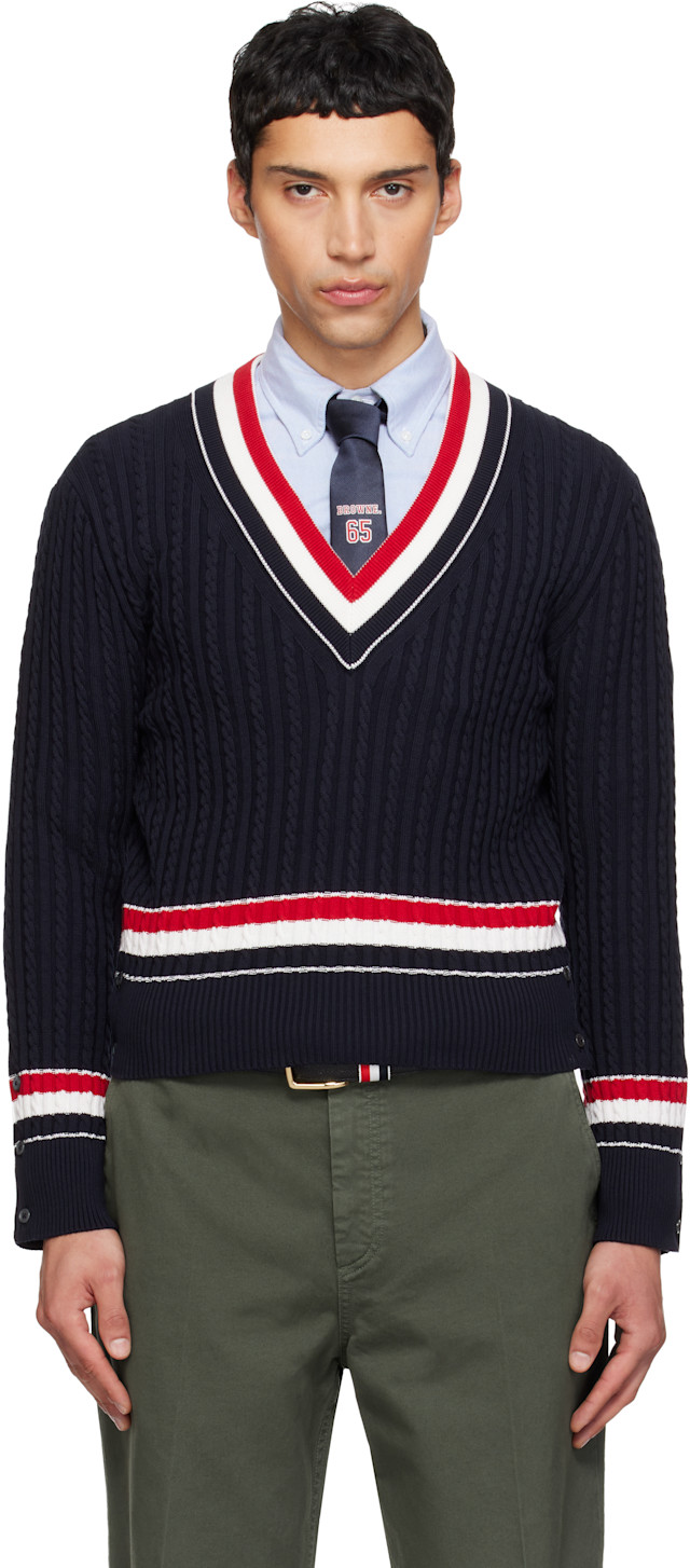 THOM BROWNE ネイビー Vネック トレーナー Thom Browne: Navy Cable V Neck Sweater | SSENSE