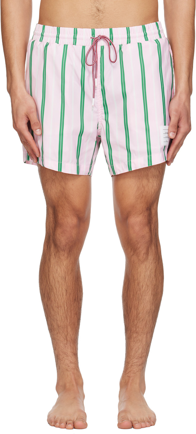 Thom Print Thom Browne: Pink Drawcord Waist Stripe Print Swim Shorts | SSENSE