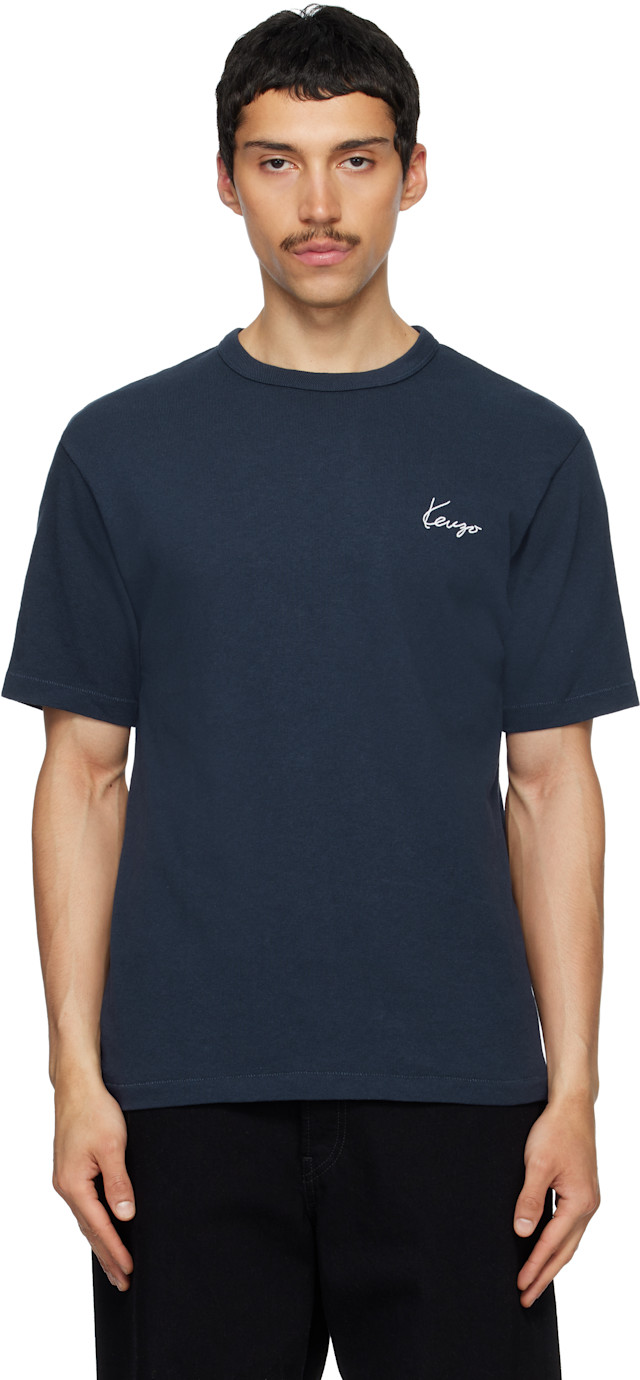 90s KENZO HOOME Tシャツ archive VINTAGE 短丈 Kenzo: Navy Kenzo Paris 'KENZO Archive Rose' Embroidered T-shirt