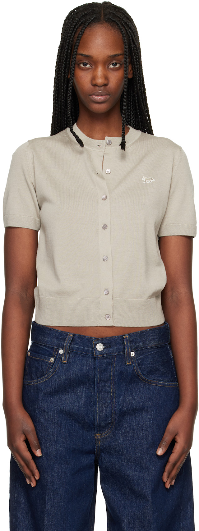 Maison Kitsuné: Taupe Baby Fox Fine Merino Short Sleeve Cardigan