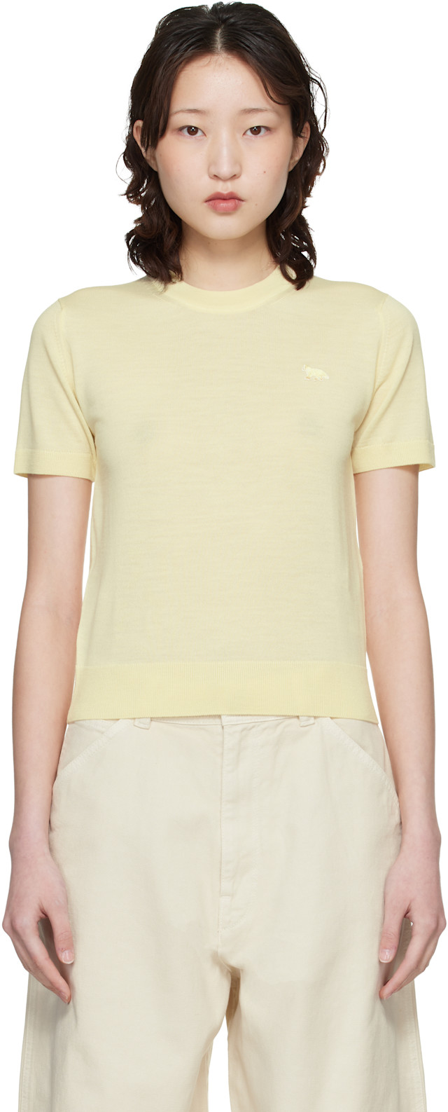 Maison Kitsuné: Yellow Baby Fox Fine Merino Sweater | SSENSE