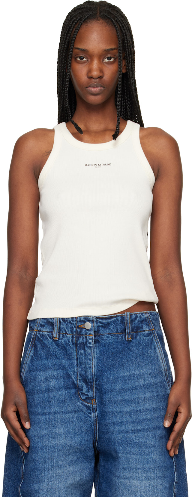 新品正規品MAISON KITSUNÉ ベージュ タンクトップ XS Maison Kitsuné: Beige 'Maison Kitsuné Paris' Ribbed Tank Top | SSENSE