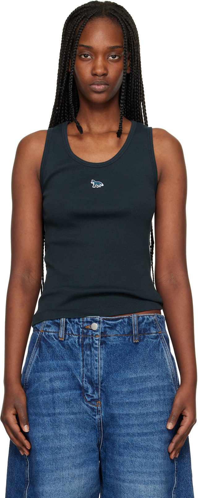 Maison Kitsuné: Navy Baby Fox Ribbed Tank Top | SSENSE Canada