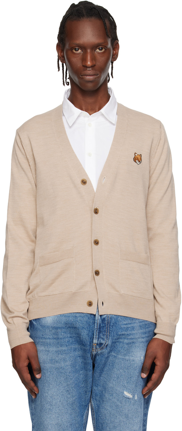 Wooly Warmy Footless & MAISON KITSUNÉ Maison Kitsuné: Beige Fox Head Merino Regular Cardigan | SSENSE