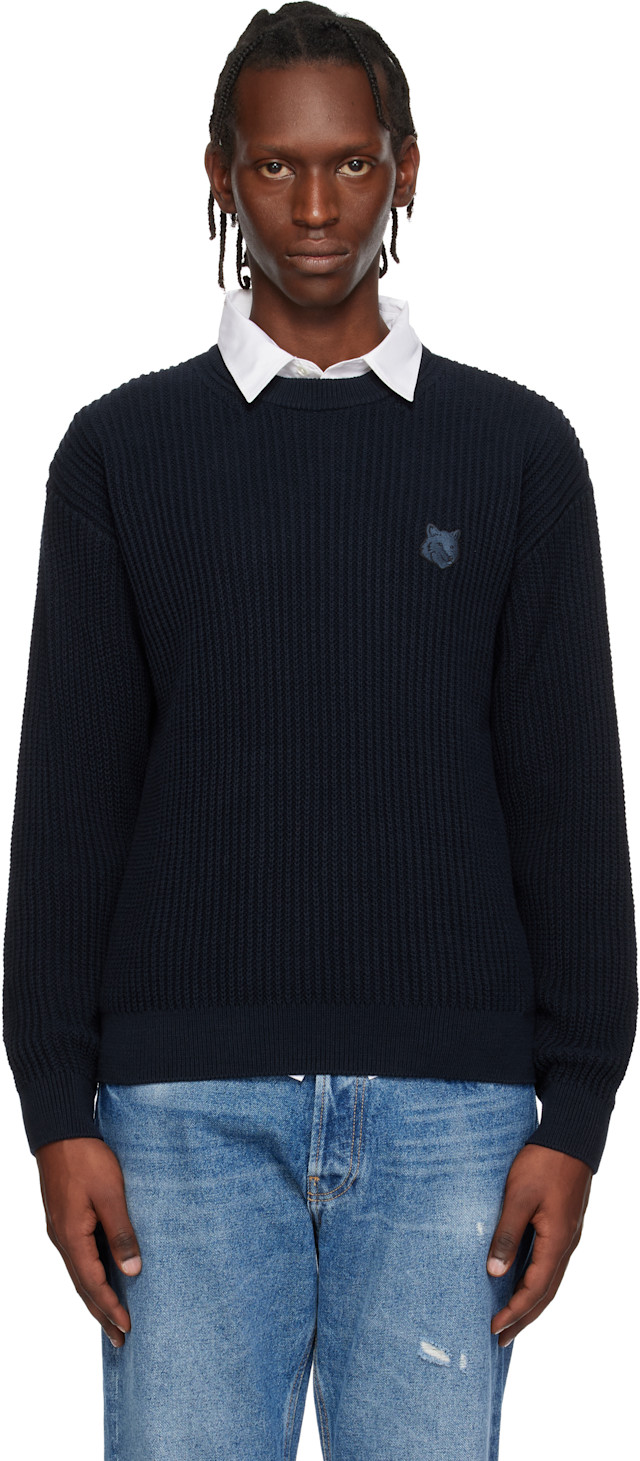 Maison Kitsuné: Navy Fox Head Cotton Ribbed Sweater | SSENSE