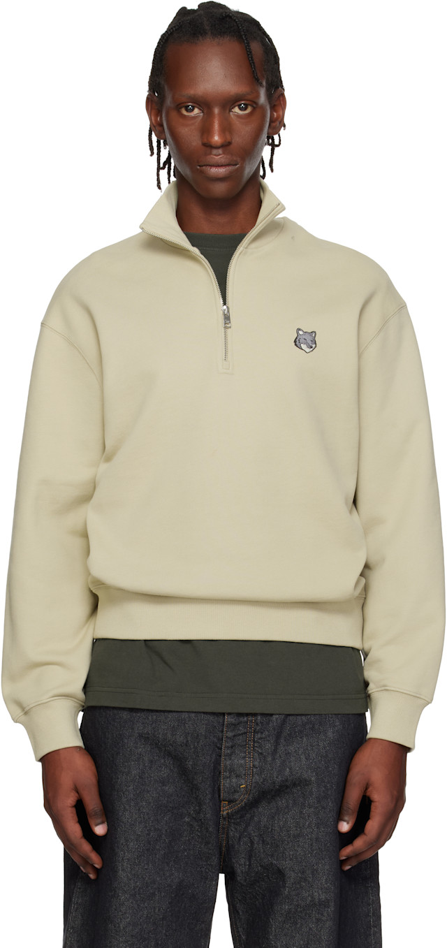 Maison Kitsuné: Beige Fox Head Comfort Half Zip Sweatshirt | SSENSE