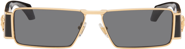 Versace: Black & Gold Medusa Plaque Rectangular Sunglasses  display picture 2
