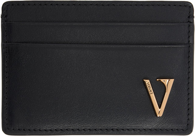 Versace: ブラック 'V' レザー カードケース | SSENSE 日本