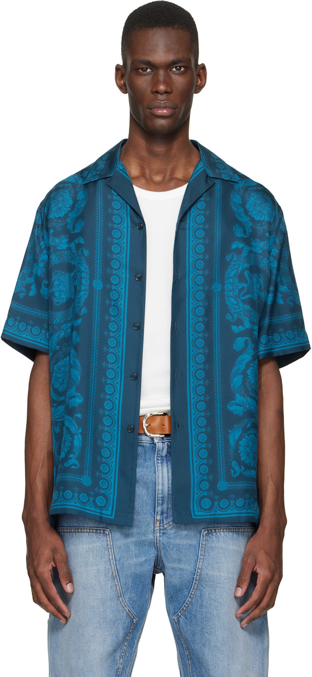Versace: ブルー バロッコ シルク シャツ | SSENSE 日本