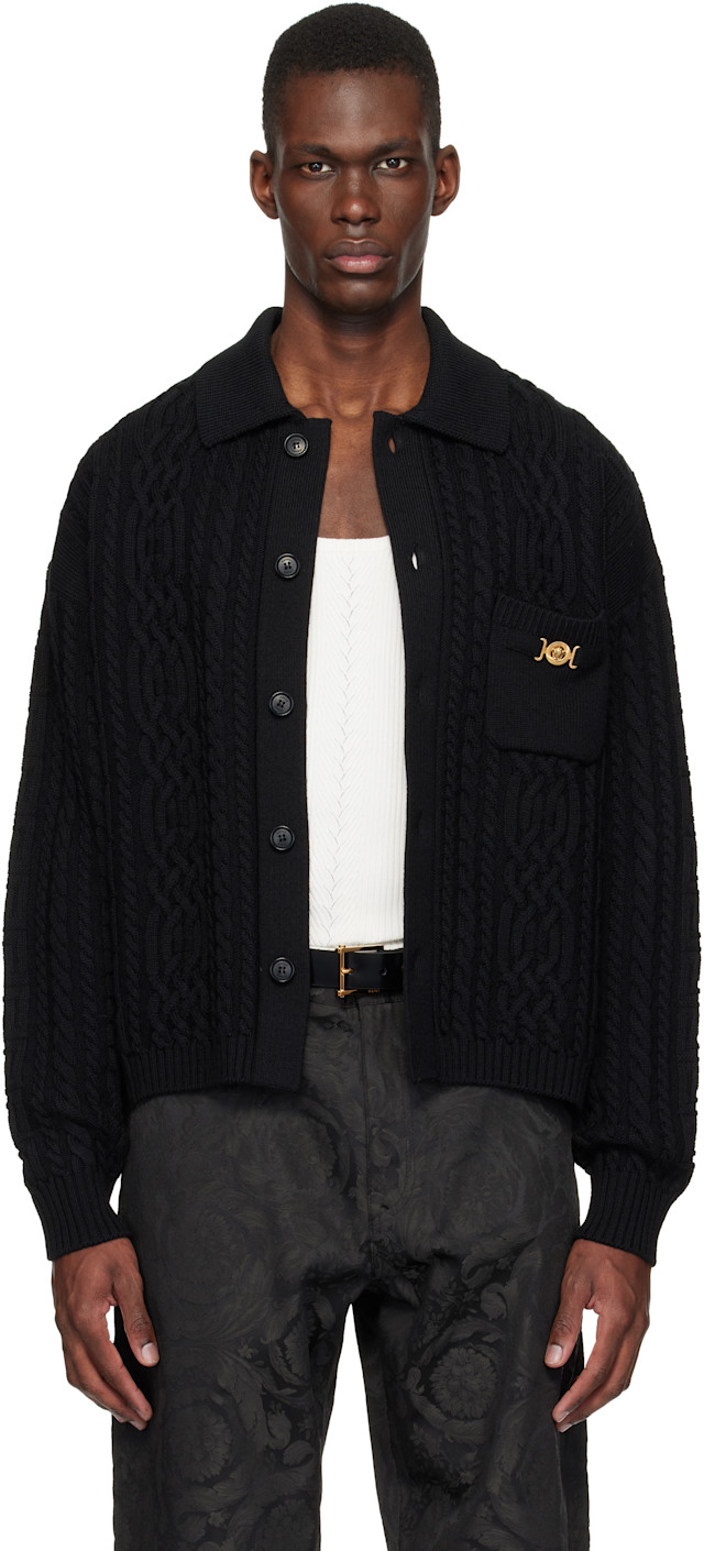 Versace: Black Mixed-Stitch Wool Knit Cardigan | SSENSE