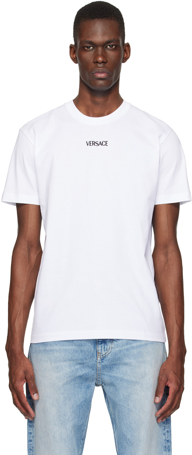 VERSACE トレーナー Versace: White Embroidered Cotton-Jersey Slim T-shirt | SSENSE